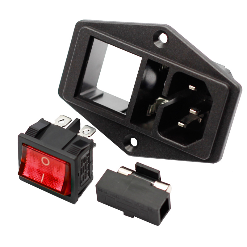 IEC320 C14 electrical switches fuse socket outlet with red lamp rocker switch 10A fuse holder socket male connector