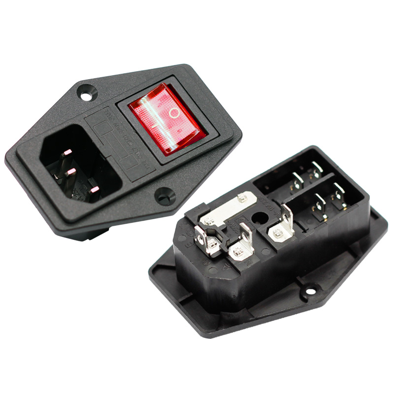 IEC320 C14 electrical switches fuse socket outlet with red lamp rocker switch 10A fuse holder socket male connector
