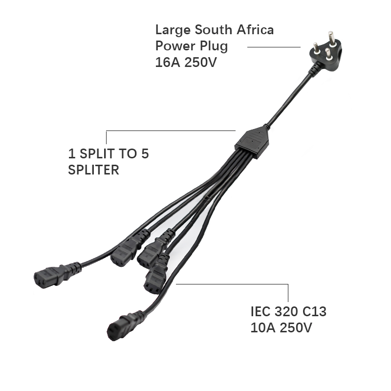 Large South African Power Cords 3 round pin Indian Sri Lanka South Africa split to 5 IEC C13 ac power cord cable extension2