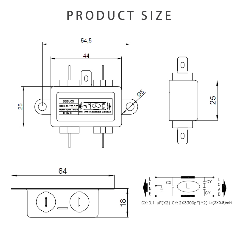 3A 250V 50Hz fast on tab connection single phase EMI filters
