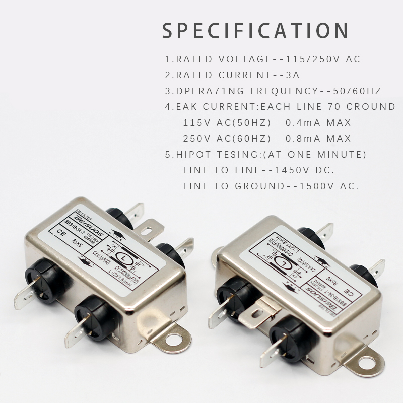 3A 250V 50Hz fast on tab connection single phase EMI filters2