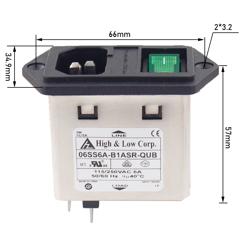 IEC Power inlet module C14 EMI filter screw mounted 2 fuses with green illuminated rocker switch