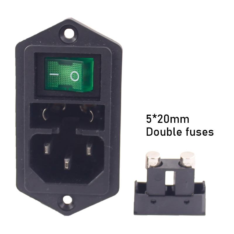 IEC Power inlet module C14 EMI filter screw mounted 2 fuses with green illuminated rocker switch4