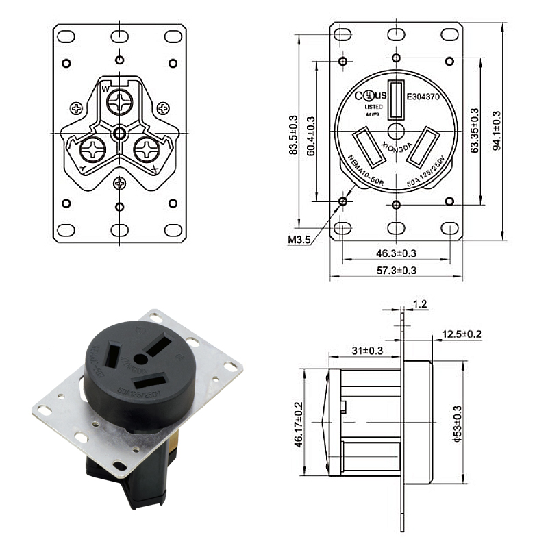 Manufacturer 125V 250V 30A Nema 10-50R twist lock female receptacle wall socket