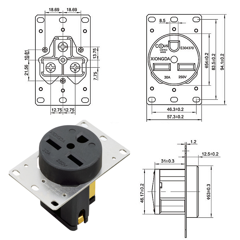 30 Amp 250V NEMA 6-30R RV and Electric Vehicles Range Receptacle Socket